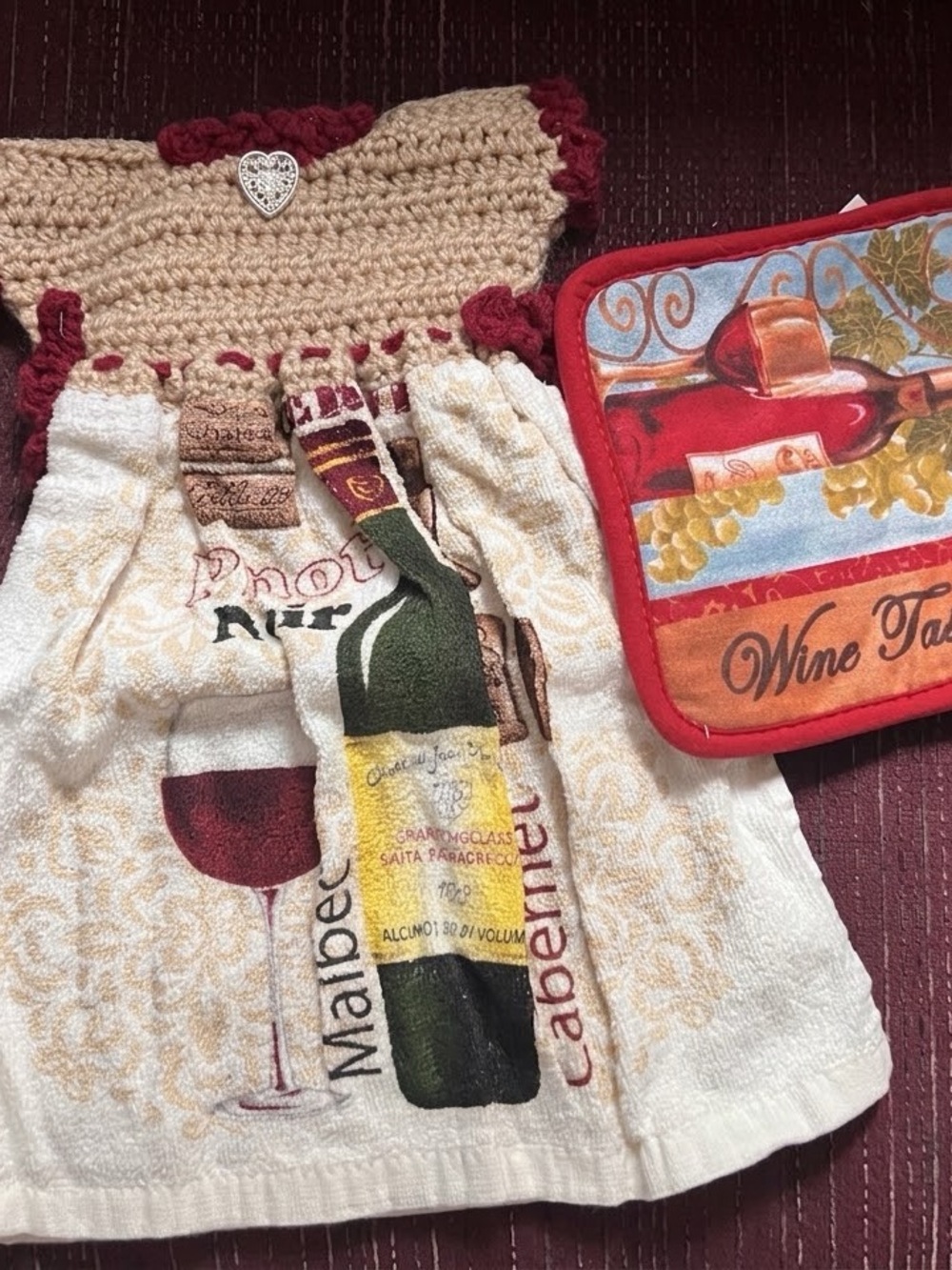 New Wine Theme Crochet Top Kitchen Towel Dress and Red Hot Pad